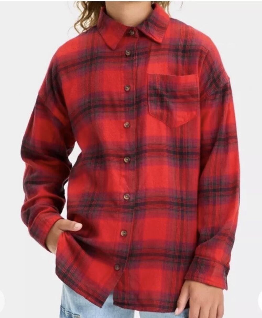 New Girls Long Sleeve Oversized Shirt Flannel, Red Plaid And Black, Medium 8
